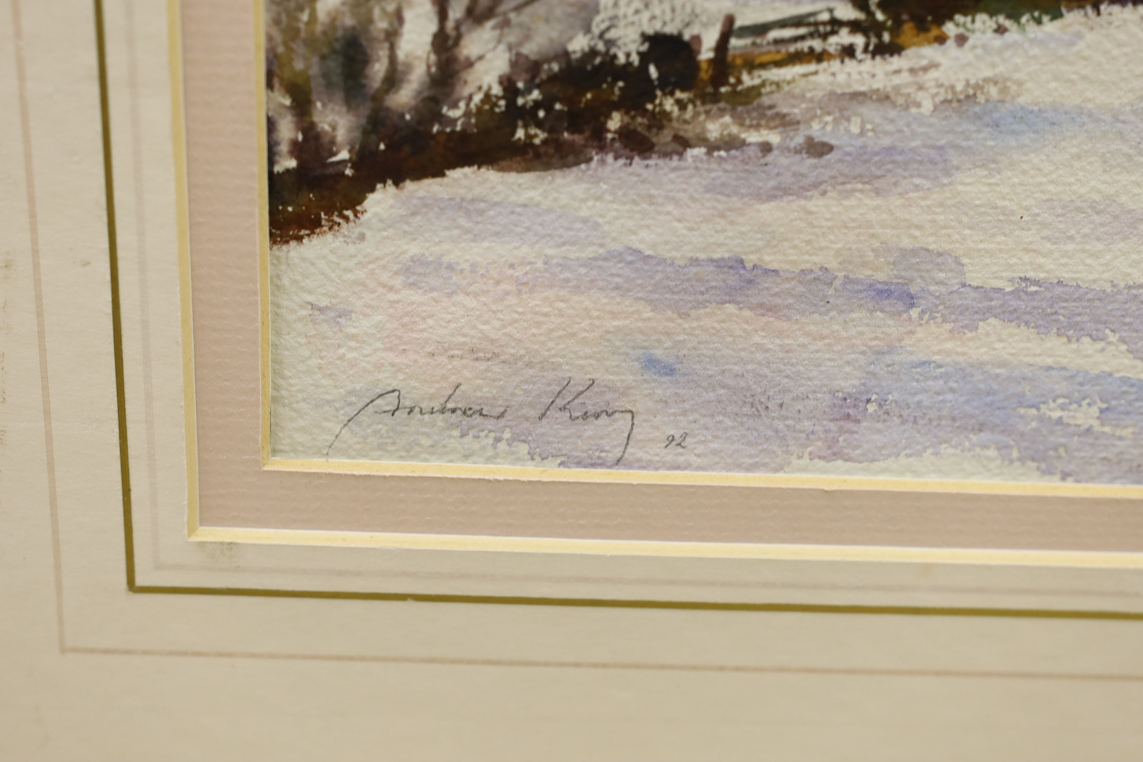 Andrew King ROI (1956-), watercolour, 'Under snow, Hillfoot Farm, Bedfordshire', signed and dated '92, 24 x 36cm